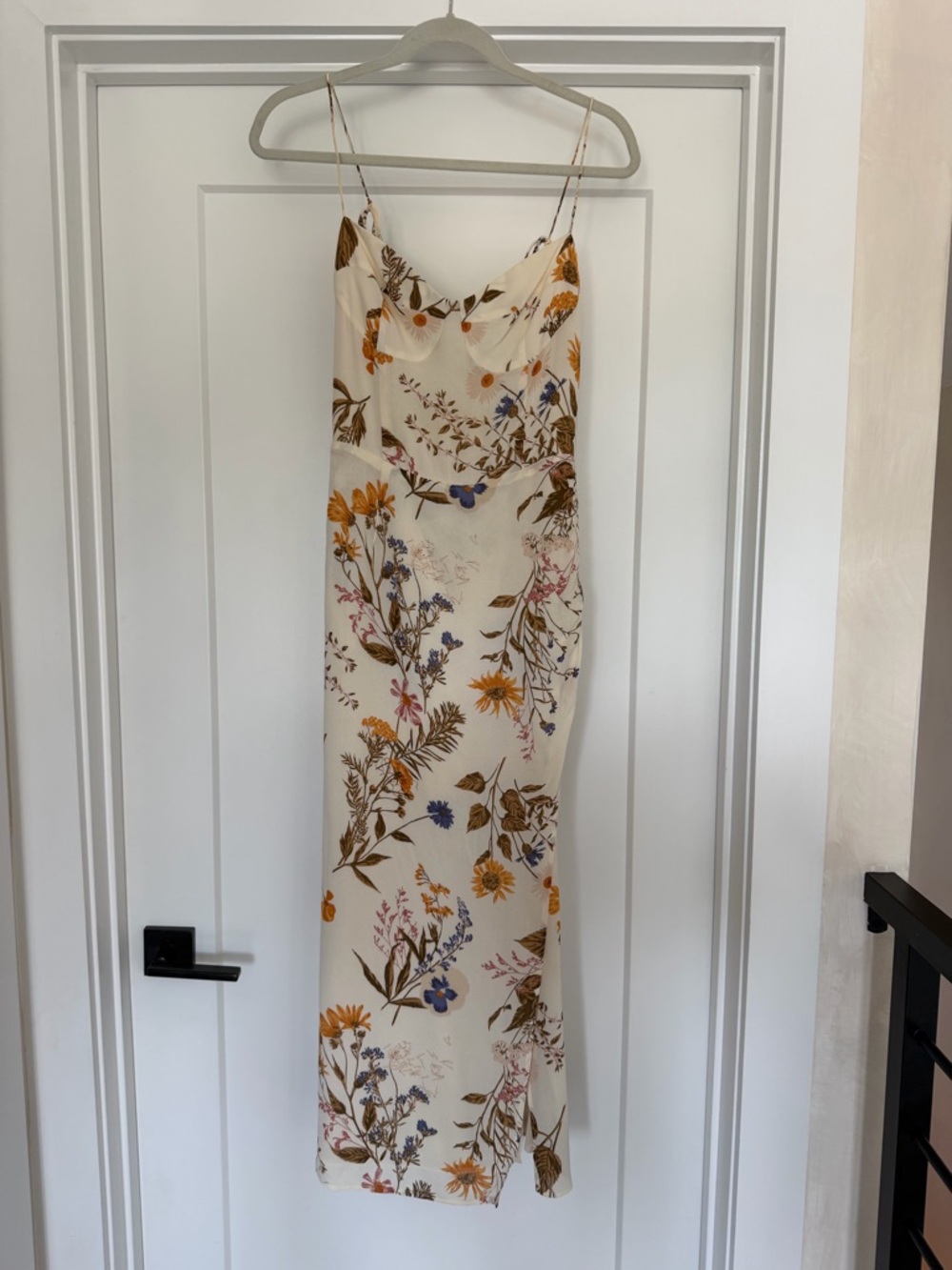 Reformation Kourtney cream dress with brown and blue floral accents - Picture 1 of 11
